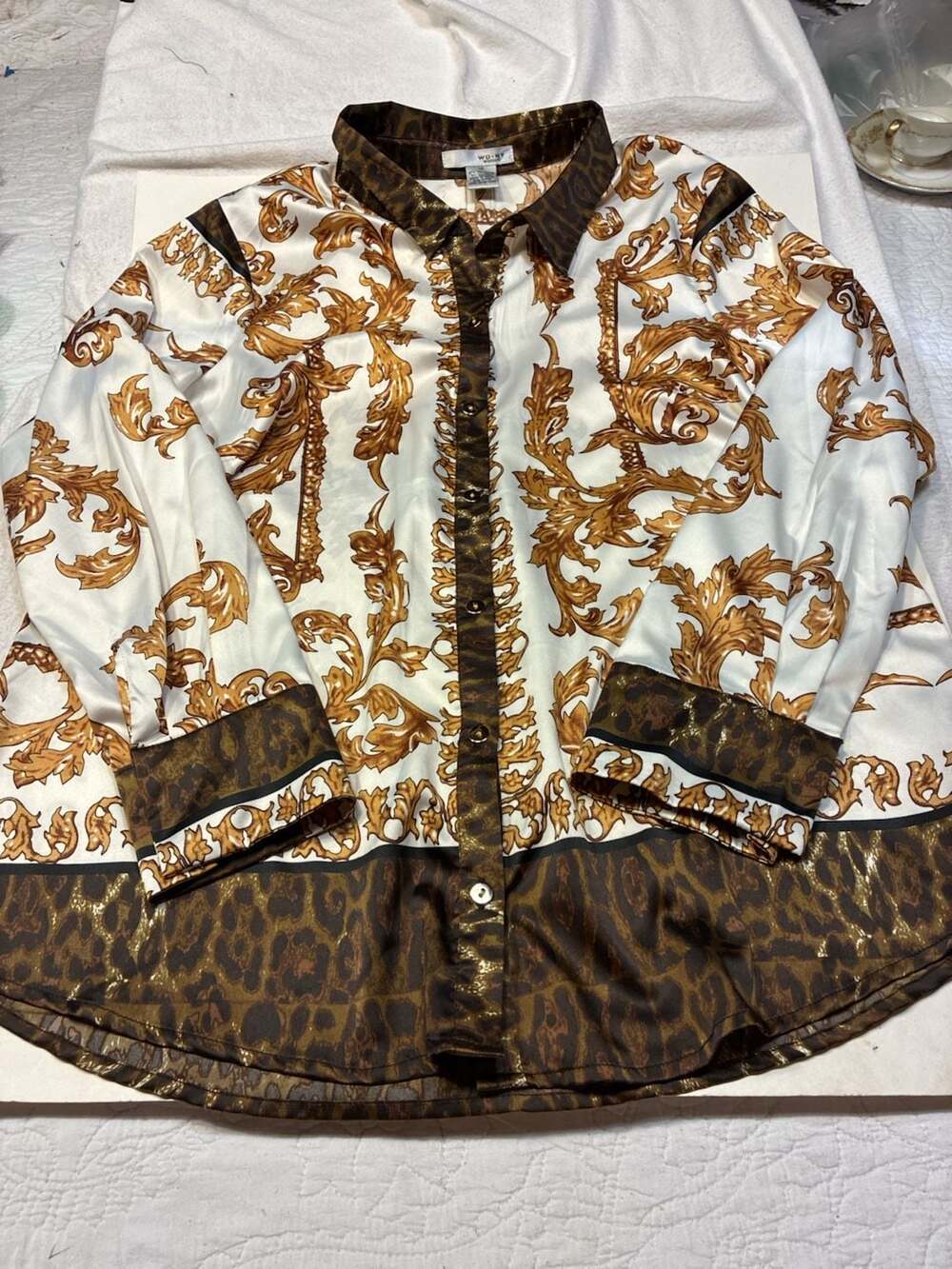 WD NY Woman Baroque and Leopard Print Long Sleeve Button-Down Shirt